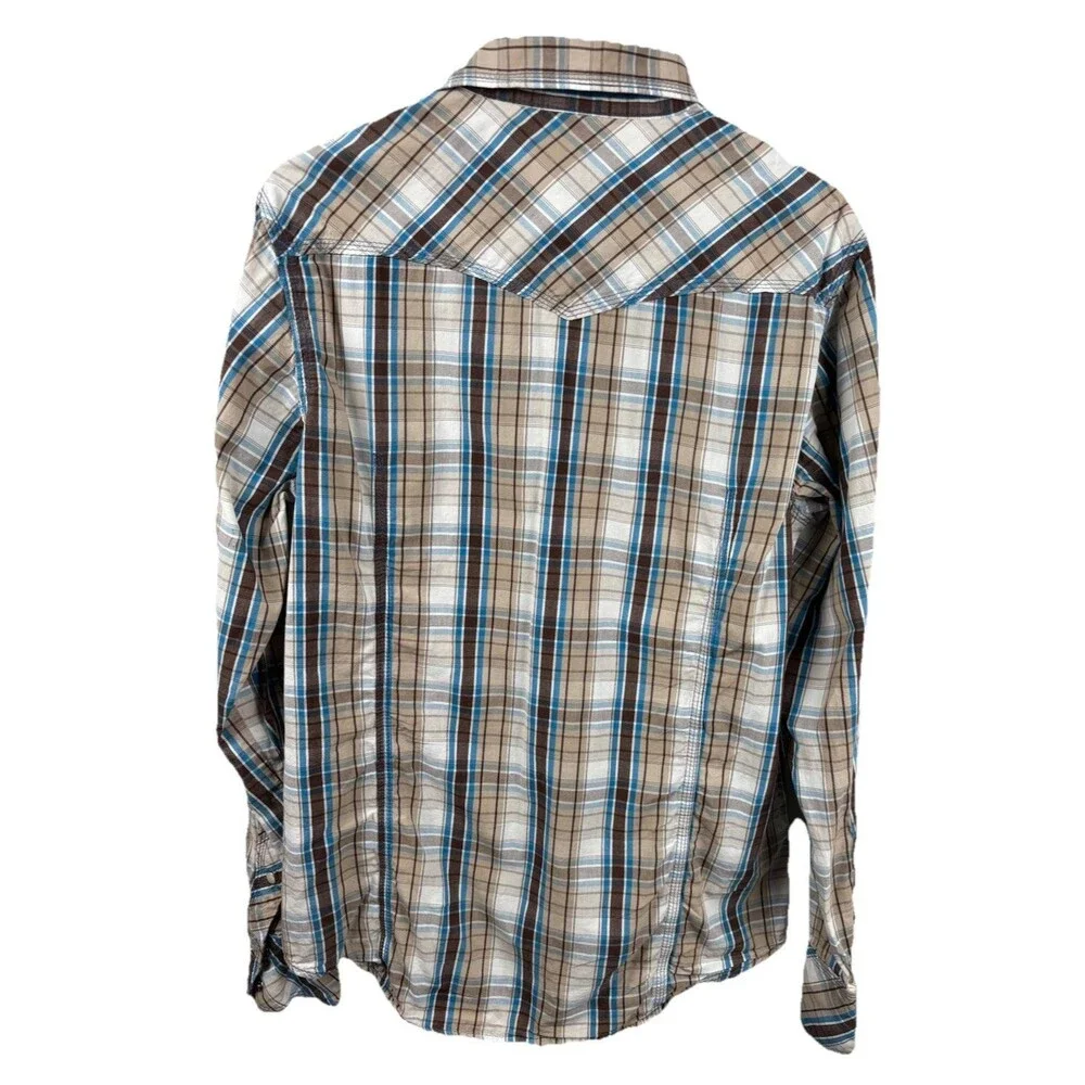 True Religion Button Up Shirt Mens Large Beige Pearl Snap Plaid Western Cowboy